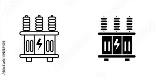 Minimal line icon of an electrical transformer representing power distribution, energy systems, and electrical infrastructure. Suitable for electricity, engineering, and industrial technology concept

