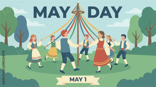 May Day celebration with people dancing around a maypole in a park