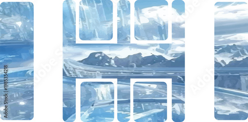 Abstract Ice Formations with Mountain Landscape Views.