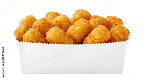 Crispy golden tater tots in a white paper container on a plain background perfect for snack or side dish