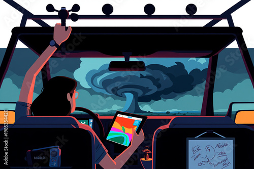 Female Storm Chaser Meteorologist Tracking Supercell with Doppler Radar in Chase Vehicle