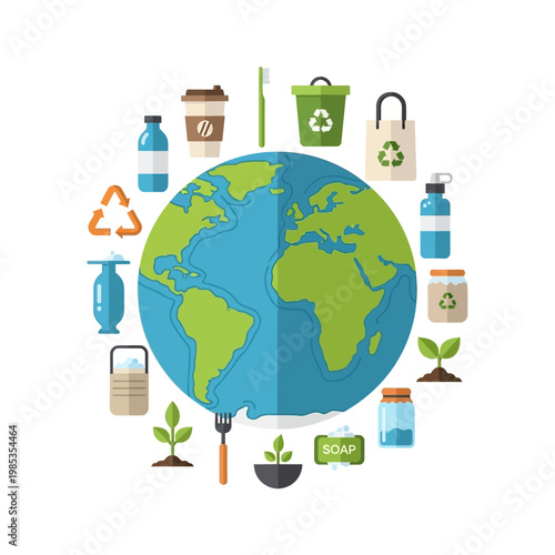 Eco-friendly lifestyle objects surrounding planet earth, sustainable living concept