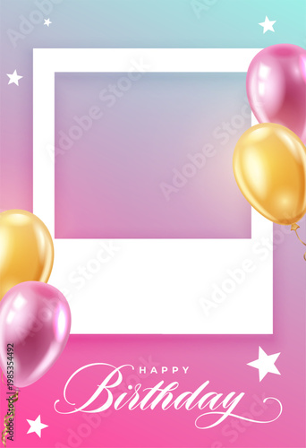 realistic happy birthday invitation card with picture frame