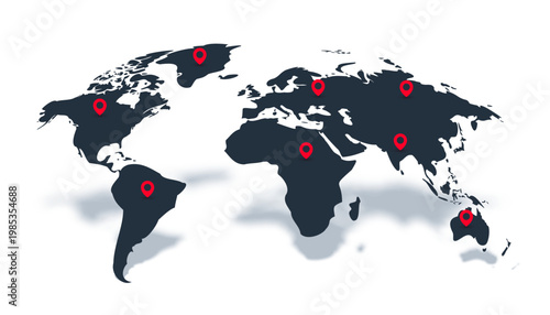 3d style black world map location pins with drop shadow effect
