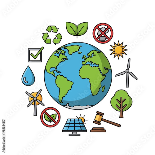 Eco-friendly icons around Earth: renewable energy, conservation, sustainability