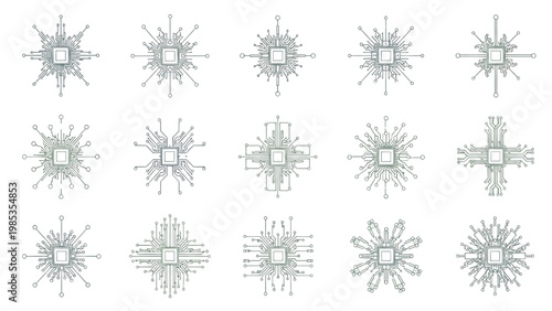 Symmetrical abstract digital chip designs with intricate geometric patterns and radiating lines