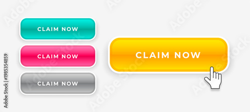 set of different colors claim now button with glossy effect