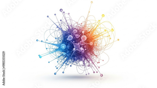 Abstract network structure with interconnected nodes and colorful strands representing data flow and connection