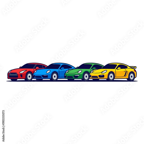 Four colorful sports cars lined up on white background