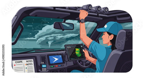 Woman Meteorologist Storm Chasing Inside Reinforced Vehicle with Radar Tablet and Supercell Sky