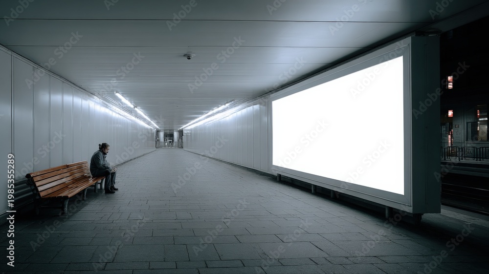 Fototapeta premium Empty underground walkway with a lone person on a bench next to a large, bright, blank advertisement screen
