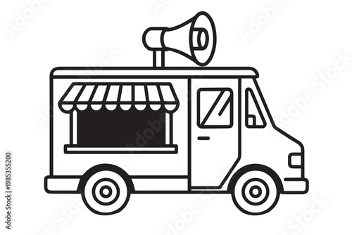 A creative vector scene of a mobile food truck with a megaphone installed on top, designed in a cute and dynamic style, expressing a lively atmosphere and street food culture.