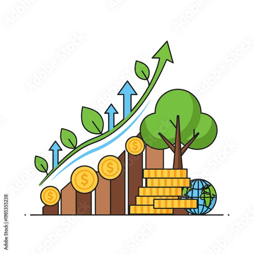 Green Growth: Financial Chart with Growing Tree, Coins, and Globe