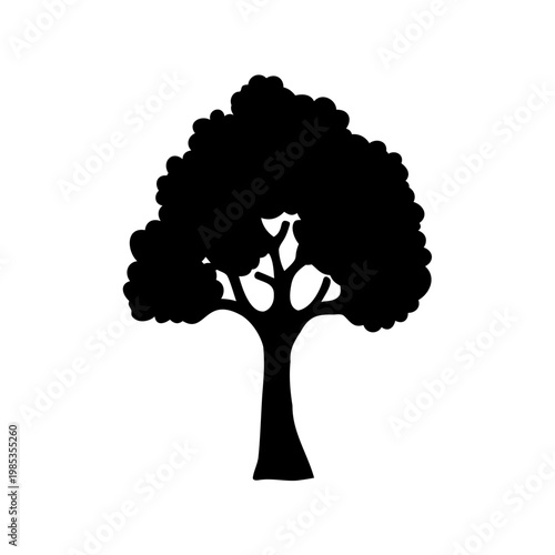 Silhouette of a solitary tree with a leafy crown against white background