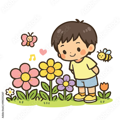A lovely vector scene showing a little boy standing in a garden with colorful flowers, leafy plants, and butterflies around him, created in a cute style with soft hues and a joyful mood.