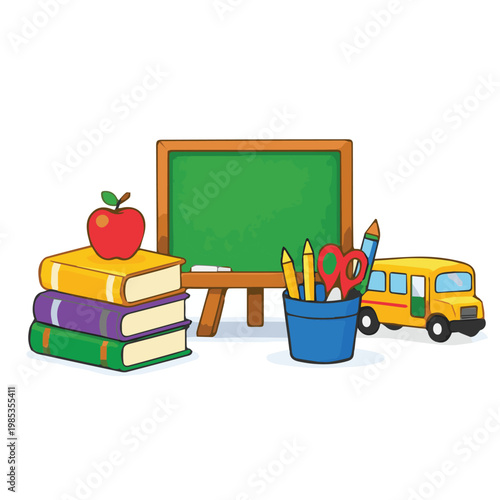 A playful vector art of an educational scene with a chalkboard, piles of books, stationery items, and a small toy car, designed in a cute style with soft tones and a cheerful mood.