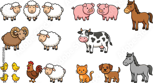 Farm Animals Vector Set Featuring Sheep, Pigs, Horses, Cows, Roosters, and More for Agricultural and Rural Designs
