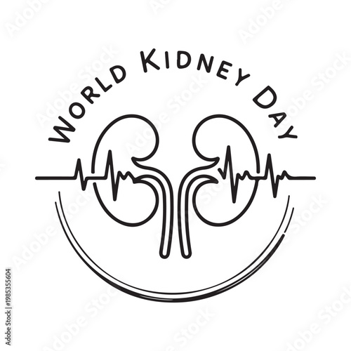 World kidney day illustration featuring kidney organs with heartbeat line and circular frame