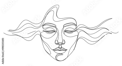Continuous Line Art Face Flowing Waves Mindfulness Calm Minimalist Illustration