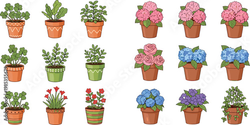 Cute Potted Plant and Flower Vector Set with Succulents, Hydrangea, Rose, Herbs, and Colorful Indoor House Plant Pot Designs