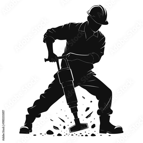 Construction worker, jackhammer illustration, industrial silhouette, laborer icon