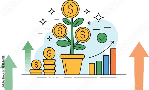Growing wealth through passive income strategies illustrated with a money tree, vector illustration symbolizing financial growth, investment returns, and long-term wealth building, ideal for fintech, 