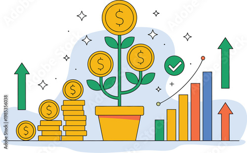 Growing wealth through passive income strategies illustrated with a money tree, vector illustration symbolizing financial growth, investment returns, and long-term wealth building, ideal for fintech, 