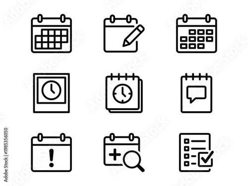 Collection of calendar icons representing dates appointments planning with magnifying glass calendar schedule appointment planning reminder checklist organizer notebook notification