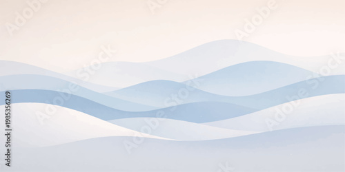 An abstract blue background with waves flows into a misty mountain landscape where winter clouds and fog drift over snowy peaks at sunrise