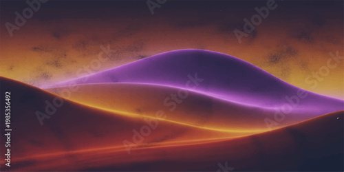 A vibrant landscape of nature features a bright sun casting orange and red fire light across the desert and mountains from sunrise to sunset under an abstract sky of colorful clouds at the horizon