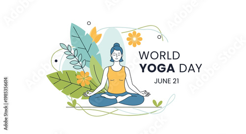 Woman meditating in lotus pose for World Yoga Day, surrounded by floral elements.