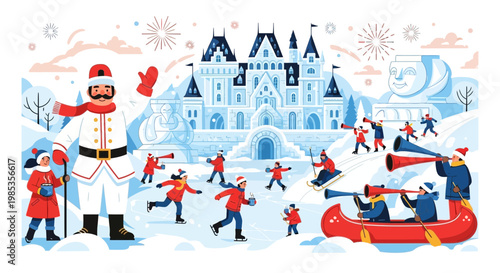 Winter Festival with Ice Palace, Snow Sculptures and People Enjoying Activities