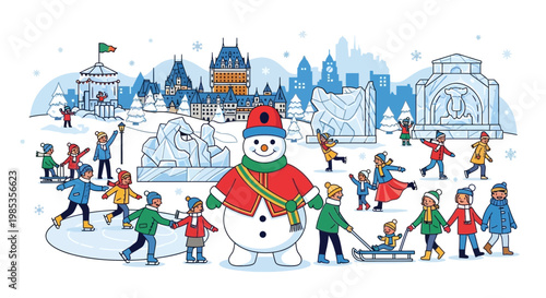 Winter Festival Fun: People Enjoying Snowman, Ice Sculptures & Quebec City