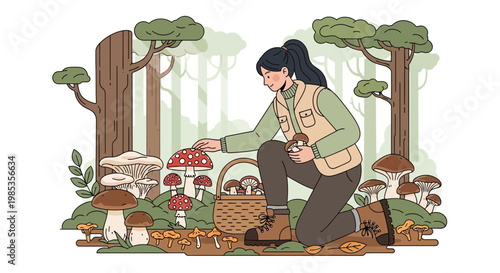 Woman picking mushrooms in forest, foraging for edible fungi, autumn season activity
