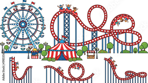 Amusement Park Vector Set with Roller Coaster, Ferris Wheel, Circus Tent, and Funfair Rides for Entertainment and Theme Park Designs