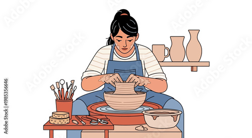 Woman Potter Creating Clay Vase on Pottery Wheel, Crafting Hobby