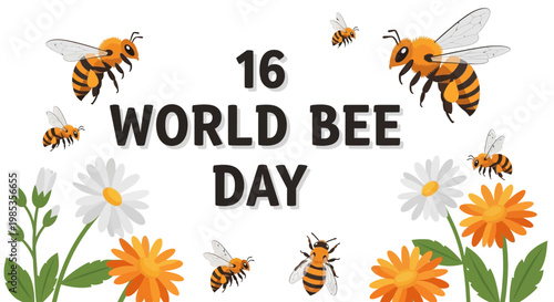 World Bee Day 16th May - Bees and Flowers on White Background
