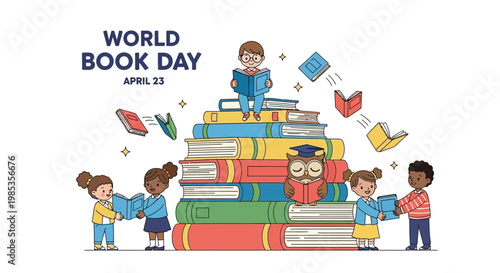 World Book Day Celebration with Kids Reading Books on Stack