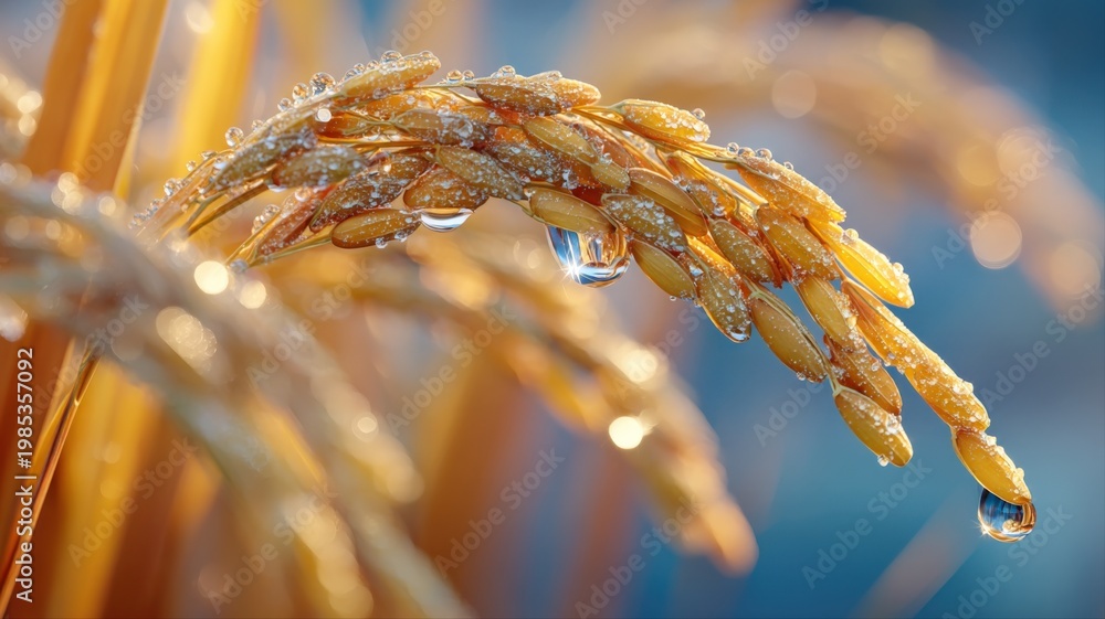 Fototapeta premium Close-up Macro shot of a golden ripe rice ear covered in glistening water droplets on a vibrant blue sky background