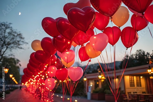 Red and Pink Heart Shaped Balloons Floating Above String Lights at Dusk love