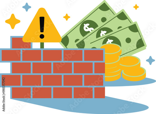 Illustration depicting financial barriers and economic challenges ahead, vector concept showing obstacles, blocked paths, and downward trends, representing risk, uncertainty, and market difficulties, 