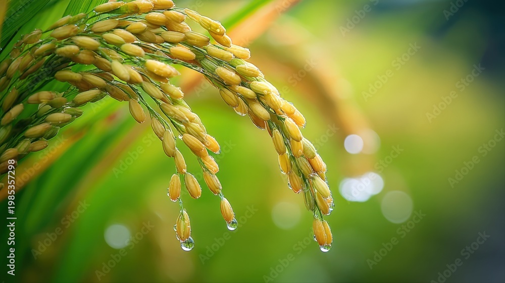Naklejka premium Close-up of Ripe Golden Rice Grains with Water Droplets in a Lush Green Field