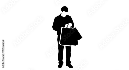 Silhouette of a person holding shopping bags, isolated on white background, representing consumerism