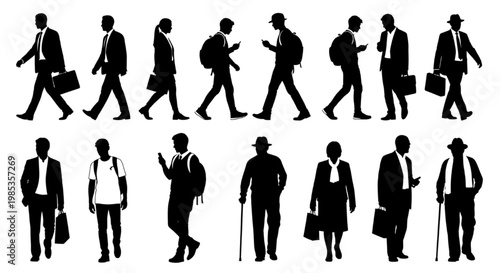 Silhouettes of business people walking and using phones in a modern urban setting