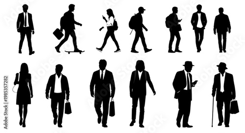 Silhouettes of business people walking and commuting in various poses