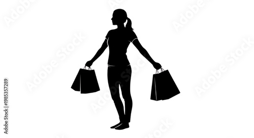 Elegant black silhouette of a woman carrying shopping bags, symbolizing consumerism and retail activity