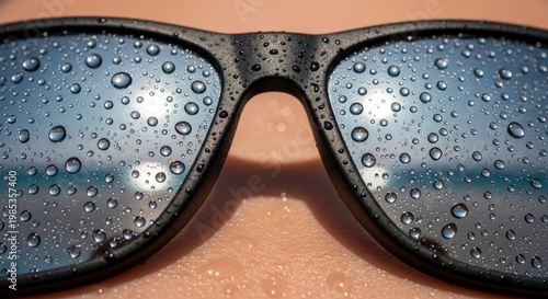 Water Droplets on Sunglasses Lenses Closeup.