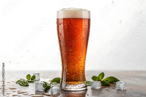 Refreshing Beer With Ice Cubes And Mint On A White Background Keywords: beer, cold, drink, beverage, alcohol