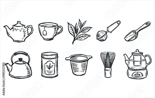 Artisan tea shop supplies and traditional beverage preparation graphics sketch