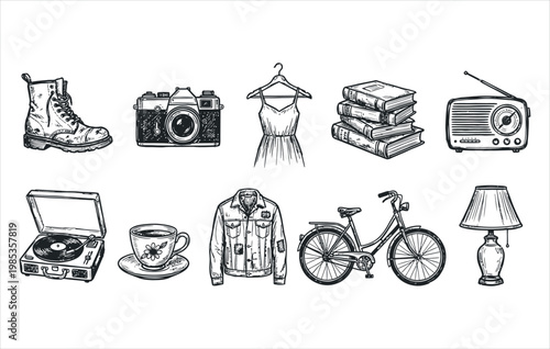 Classic everyday objects and nostalgic memorabilia bundle hand drawn ink art